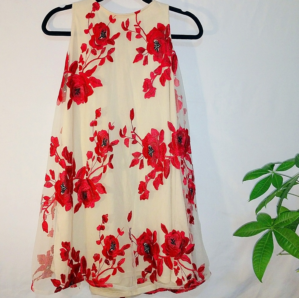 Embroidered tied back neck rose dress